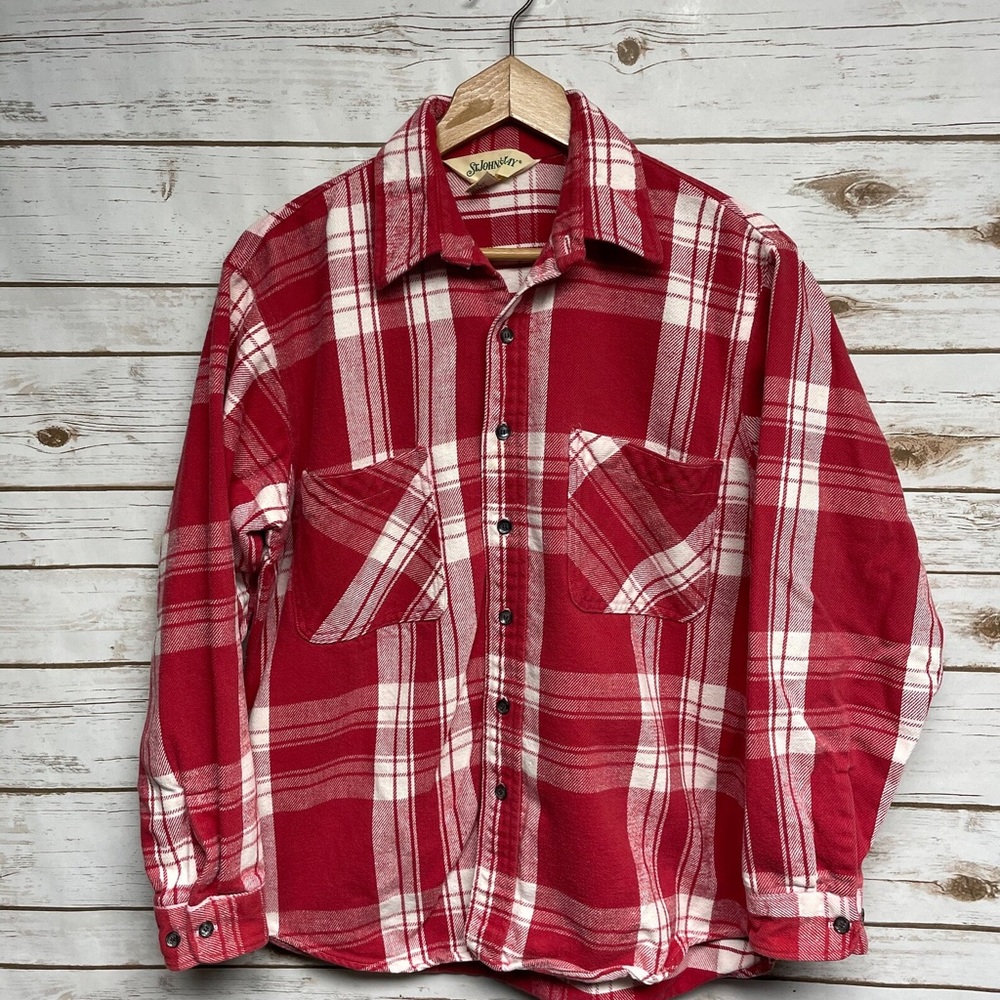 Vintage 80's St John's Bay cotton flannel shirt Red Plaid  XL Christmas Holiday